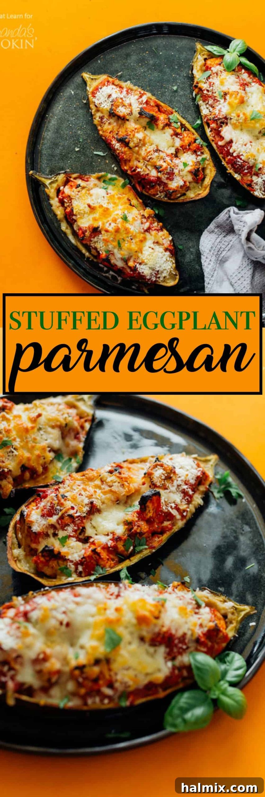 pinterest image that says stuffed eggplant parmesan, with a beautiful shot of the dish