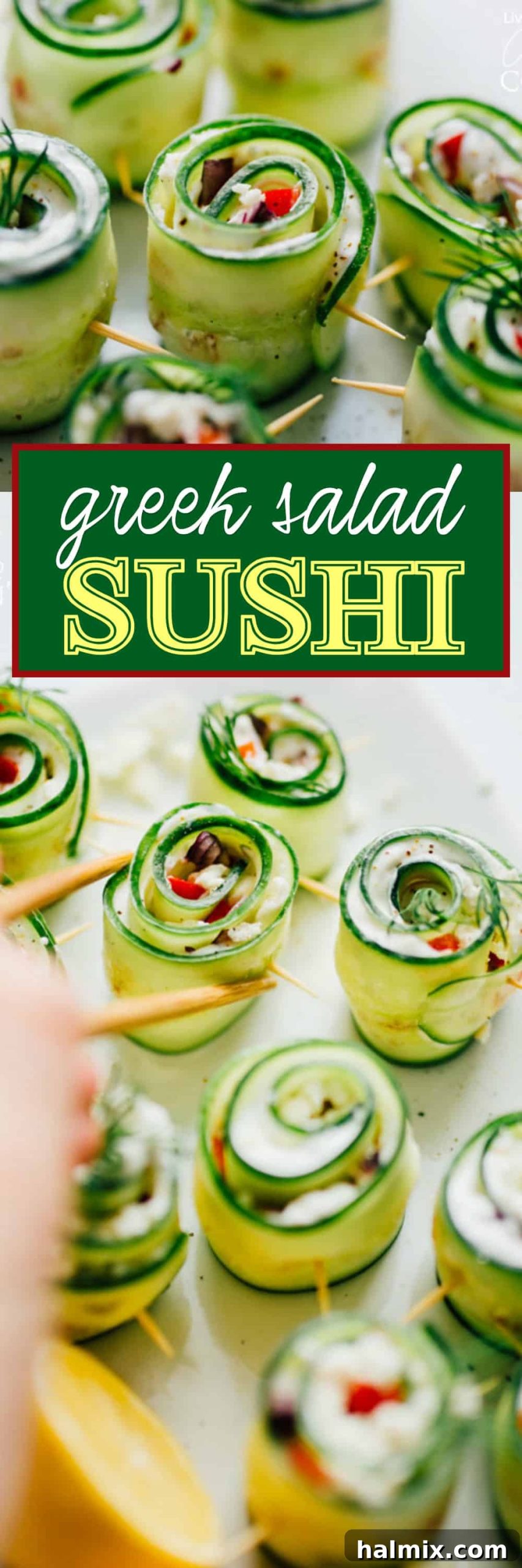 pinterest image that says greek salad sushi