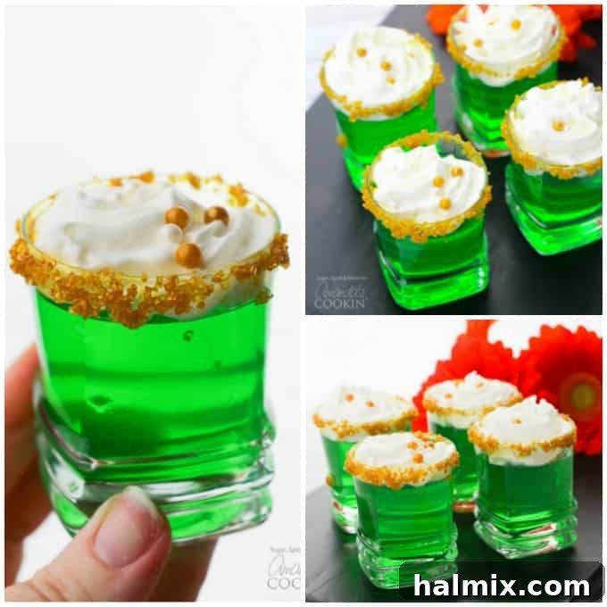 A charming collage showcasing various angles of green jello shots, highlighting their gold sugar rims, whipped cream, and festive decorations for St. Patrick's Day.