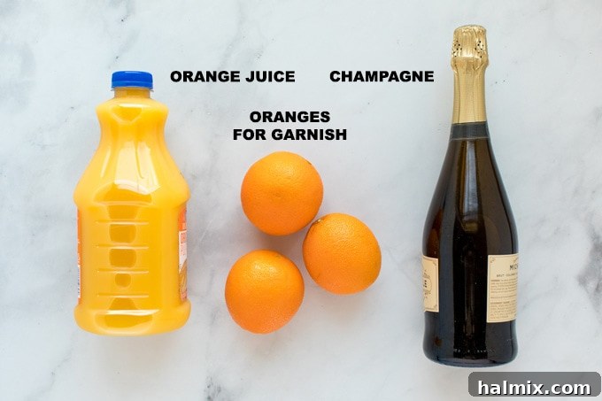 Ingredients for Mimosas laid out: orange, orange juice, and champagne