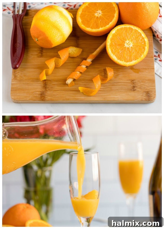 Pouring orange juice into a champagne flute