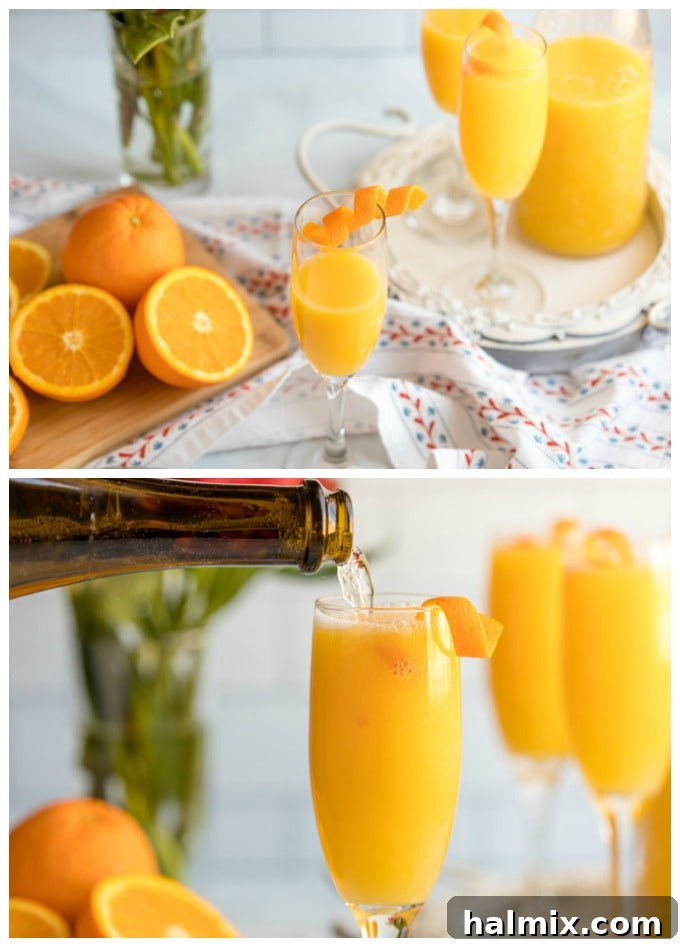 Topping off orange juice with champagne in a flute