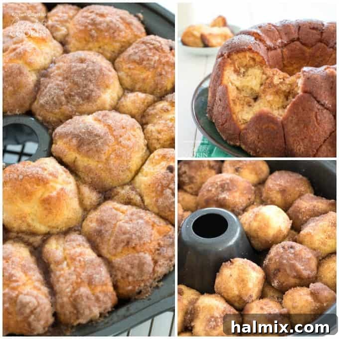 A collage showing the process and final result of homemade cinnamon sugar monkey bread