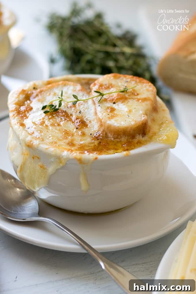 cheesy french onion soup in bowl