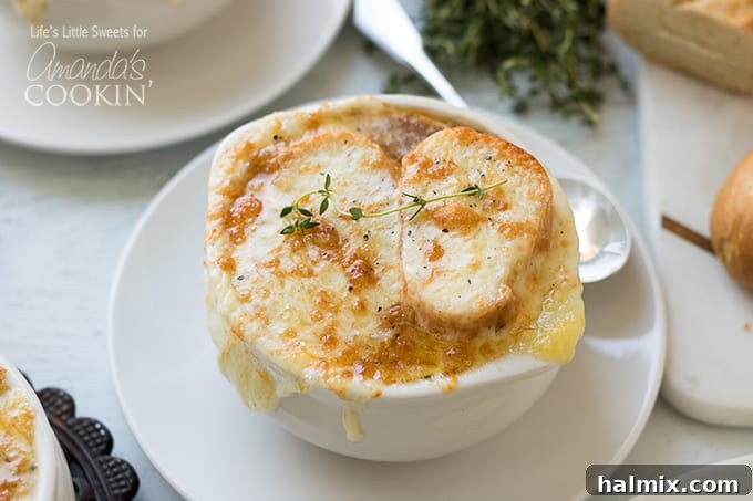 French Onion Soup with baguette and cheese