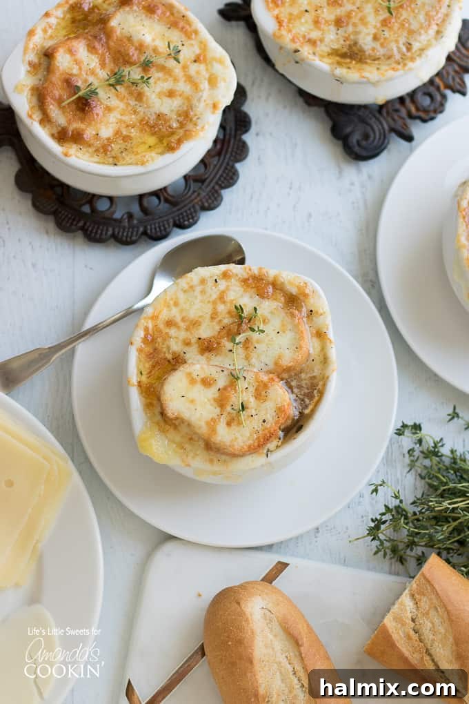 French onion soup overhead shot with spoon