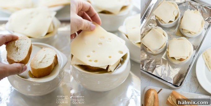 Adding baguette slices and cheese ontop of soup