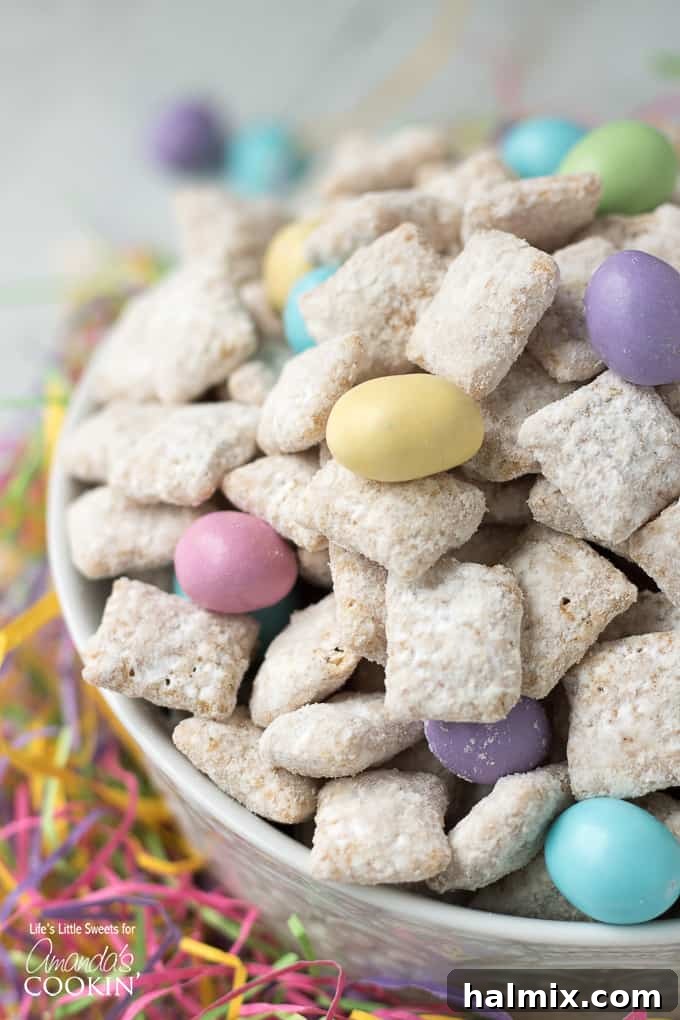 Easter Muddy Buddy recipe with a mix of pastel candies