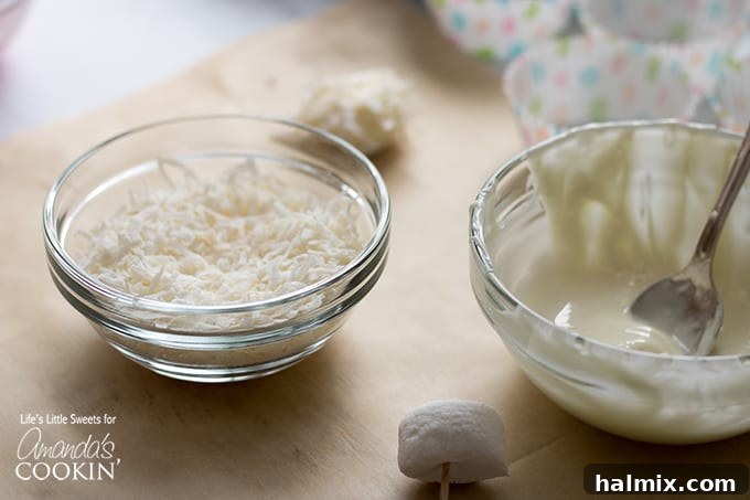 Frosting and coconut flakes in bowl