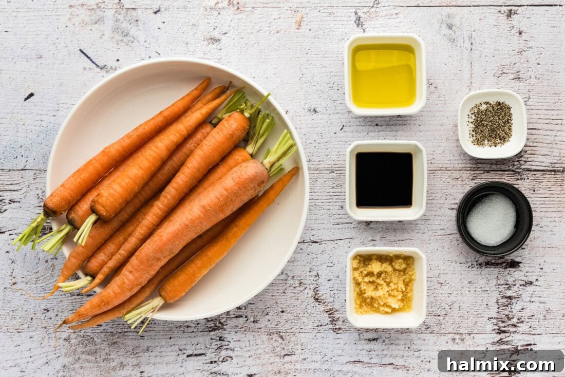 Melt-in-Your-Mouth Balsamic Glazed Carrots 4 Fresh ingredients laid out for making slow cooker balsamic carrots