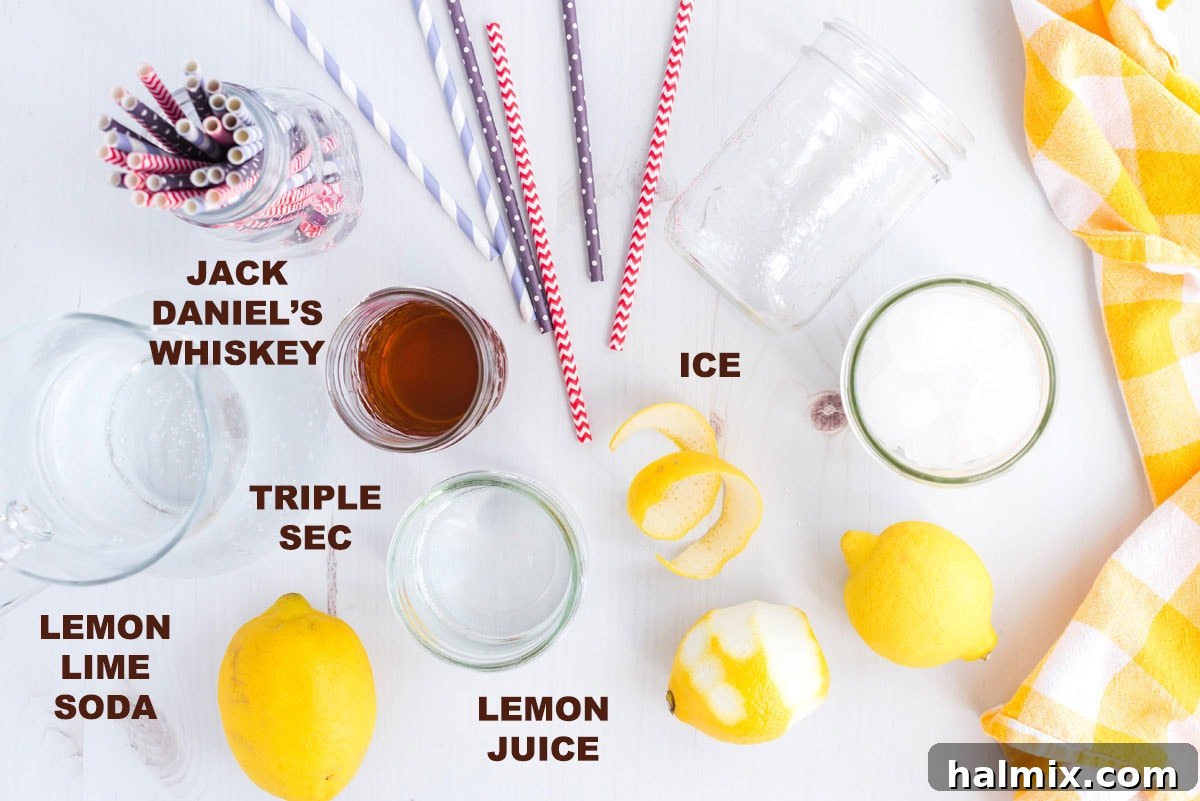 Lynchburg's Golden Refreshment 4 Labeled ingredients for a Lynchburg Lemonade cocktail, including Jack Daniel's, triple sec, lemons, and lemon-lime soda.