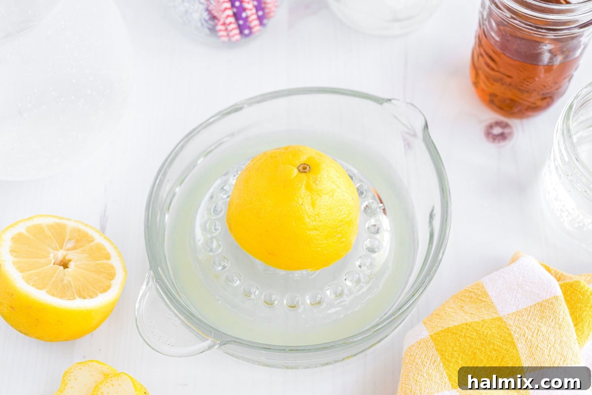 Lynchburg's Golden Refreshment 5 Juicing a fresh lemon on a citrus juicer to extract maximum juice.