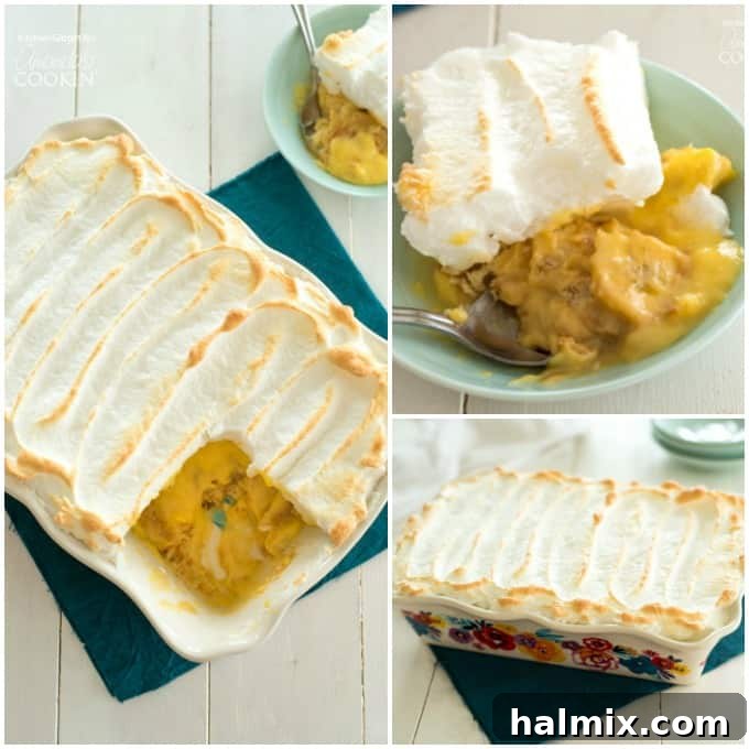 Collage of three different views of homemade banana pudding, showing layers and meringue.