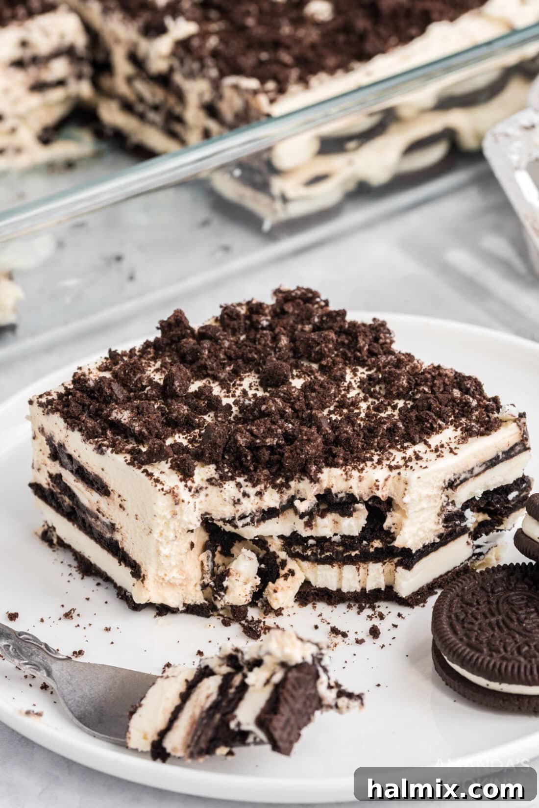 fork and Oreo Icebox Cake on a plate