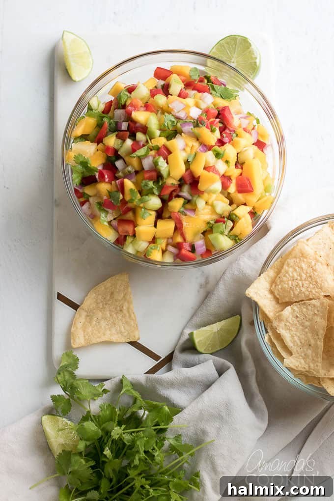 Mango salsa in a bowl overhead shot