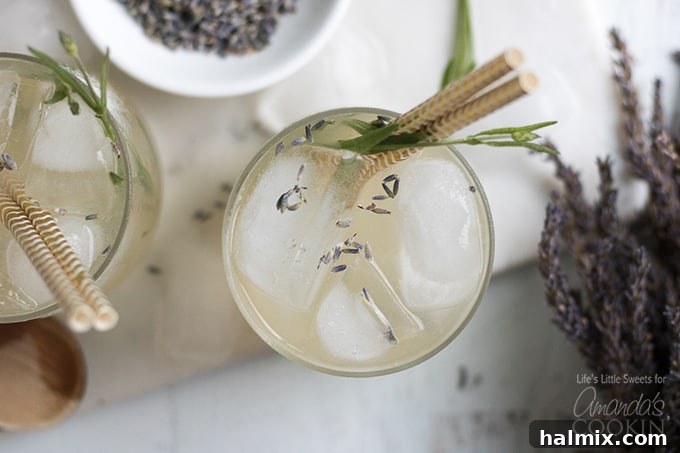 Overhead shot of two glasses of Lavender Lemonade