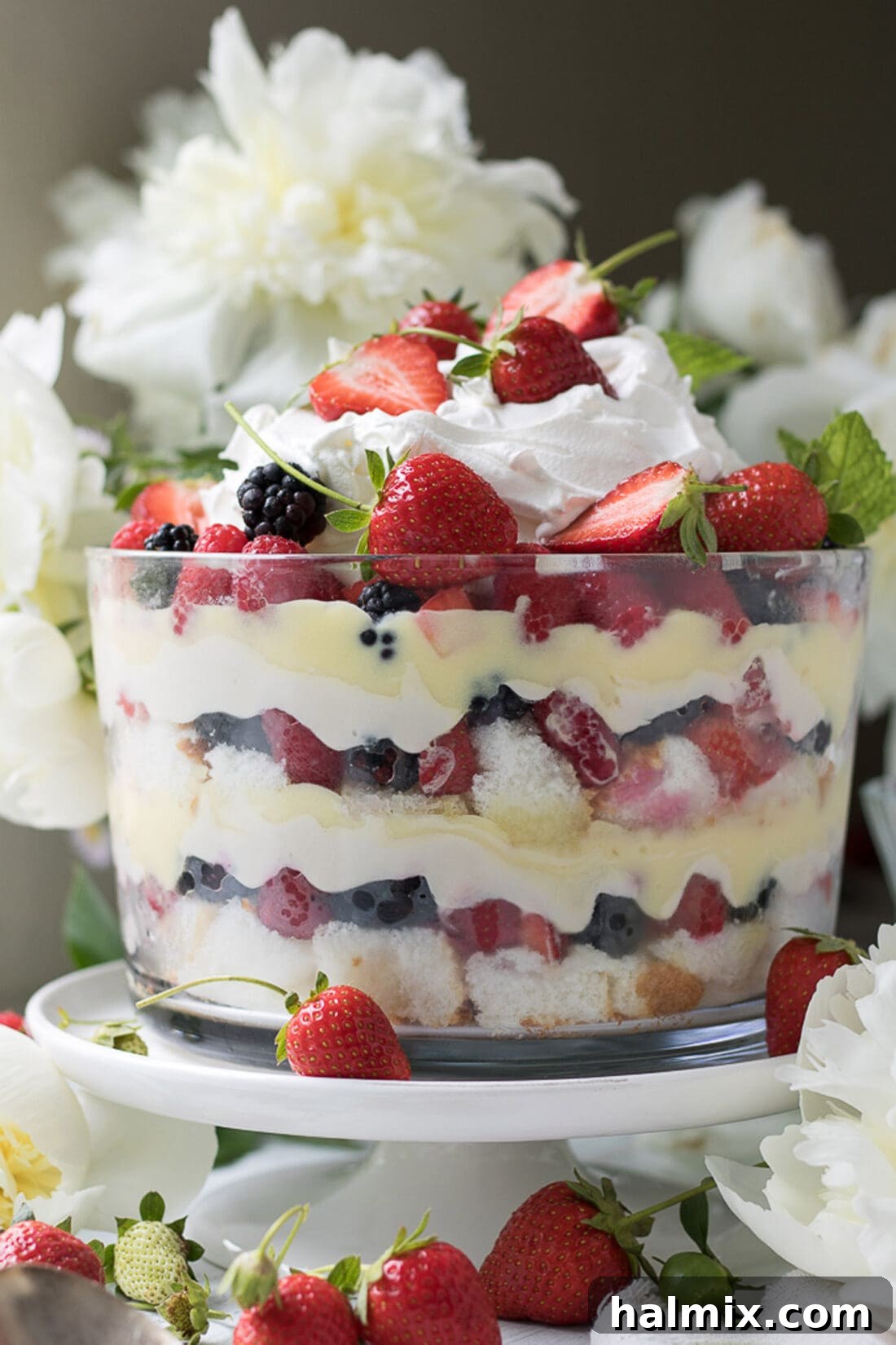 Close up photo of a Mixed Berry Trifle, showcasing layers of cake, cream, and colorful berries.
