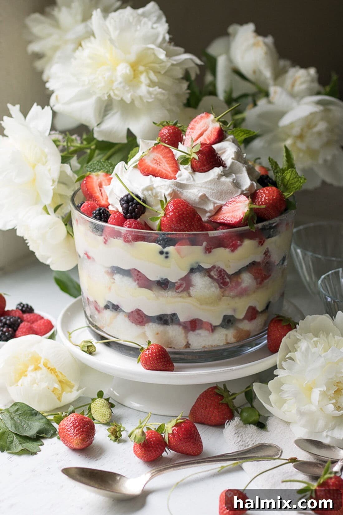 A complete Mixed Berry Trifle, ready to be served at a summer gathering.
