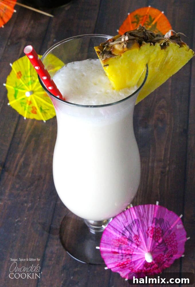 A frosty tropical cocktail, perfect for a hot day.