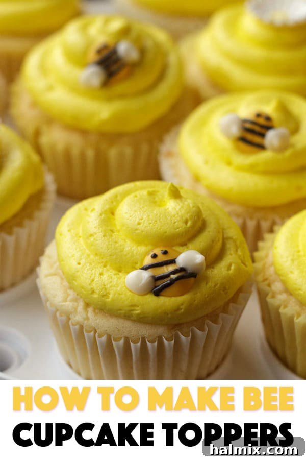 Golden Bee Treat Toppers 11 Close up of beautifully decorated bee cupcakes for a special event
