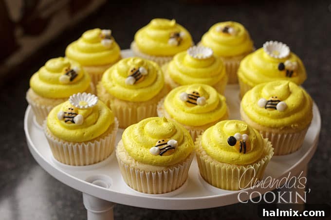Golden Bee Treat Toppers 8 Homemade bee cupcake toppers adorn freshly frosted cupcakes