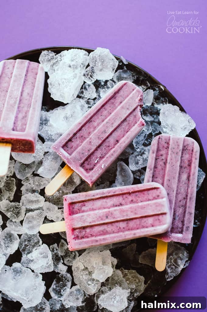 These Blueberry Cheesecake Popsicles are a simple and delicious treat to whip up this summer to keep you cool (and they’re actually healthy too!) Delicious Blueberry Cheesecake Popsicles on a stick