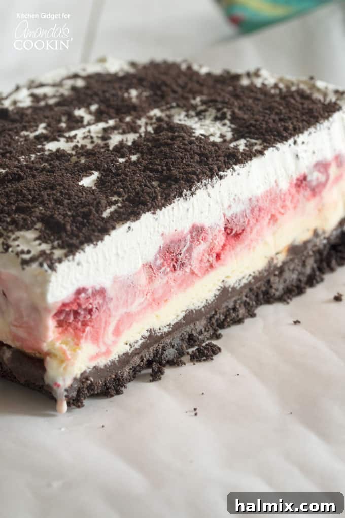 A stunning Raspberry Ice Cream Delight cake, showcasing its vibrant layers of vanilla ice cream, raspberries, hot fudge, and whipped cream on an Oreo crust.