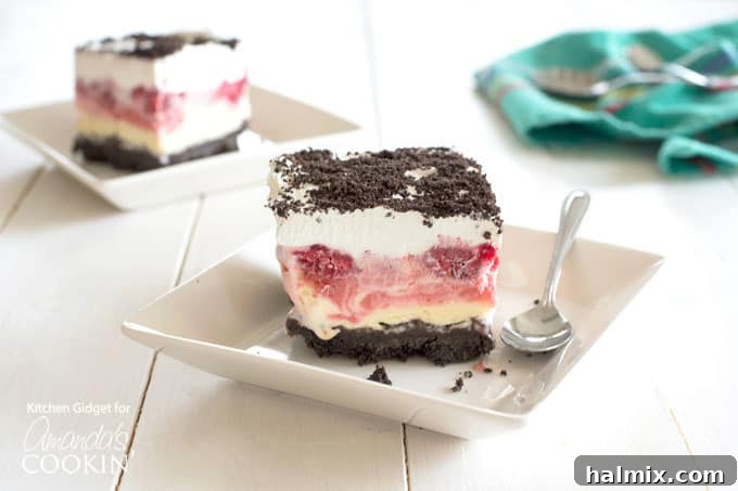 A delicious slice of Raspberry Ice Cream Delight ready to be enjoyed on a plate.