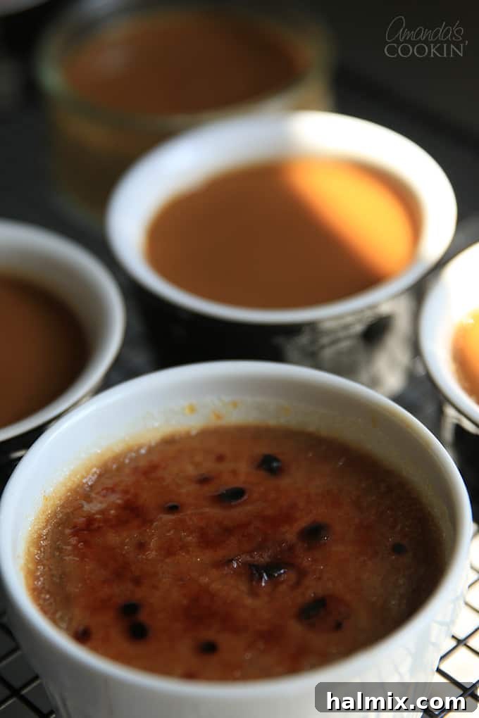 This Espresso Creme Brulee is so decadent and full of delicious flavor! Espresso Creme Brulee in a ramekin.