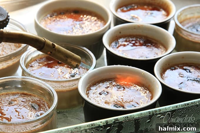 Decadent Espresso Brûlée 9 Browning the espresso creme brulees with a kitchen torch