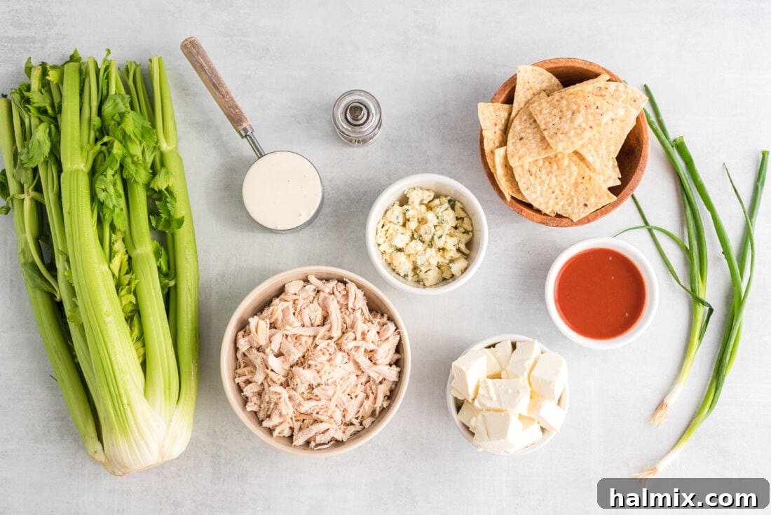 Ultimate Buffalo Chicken Dip 4 Various ingredients laid out for Buffalo Chicken Dip preparation