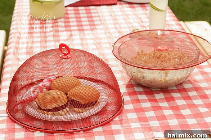 screen covers for food at backyard barbecue