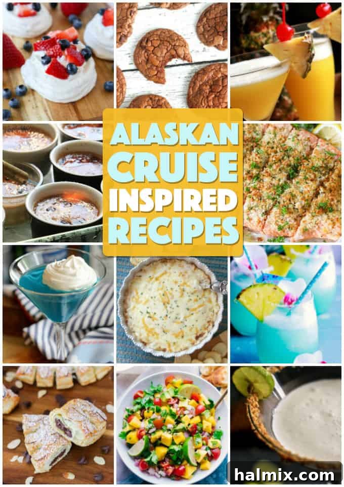 A vibrant collage featuring various delicious dishes and drinks, all inspired by the rich culinary experience of an Alaskan cruise with Princess Cruises, enticing viewers to explore the recipes.