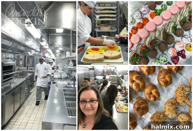 A collage showcasing the pristine and highly organized galley kitchen aboard the Island Princess cruise ship, highlighting the professional culinary environment.