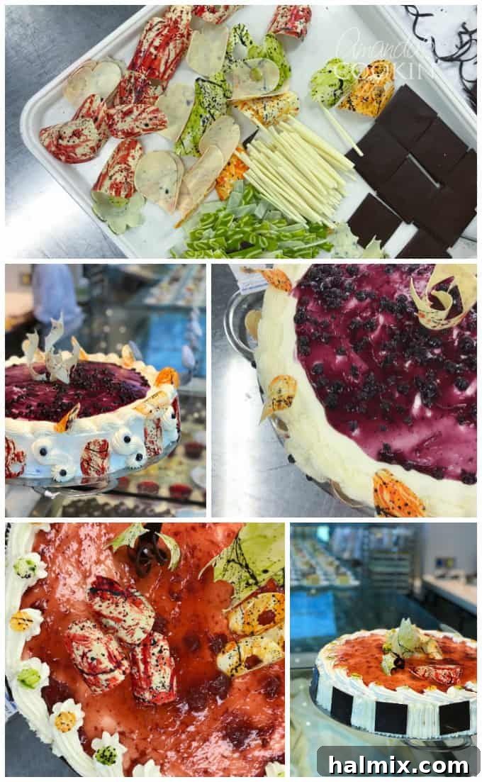 An elaborate display of intricately designed chocolate decorations used to adorn the exquisite cakes served aboard the Island Princess cruise ship.