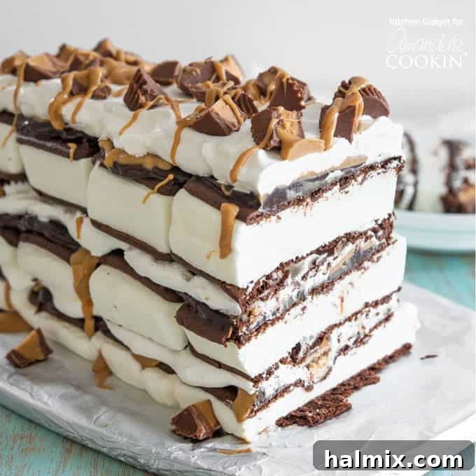 A vibrant close-up of a layered peanut butter ice cream sandwich cake on a pristine white platter, highlighting the rich textures of fudge, peanut butter, and whipped topping.