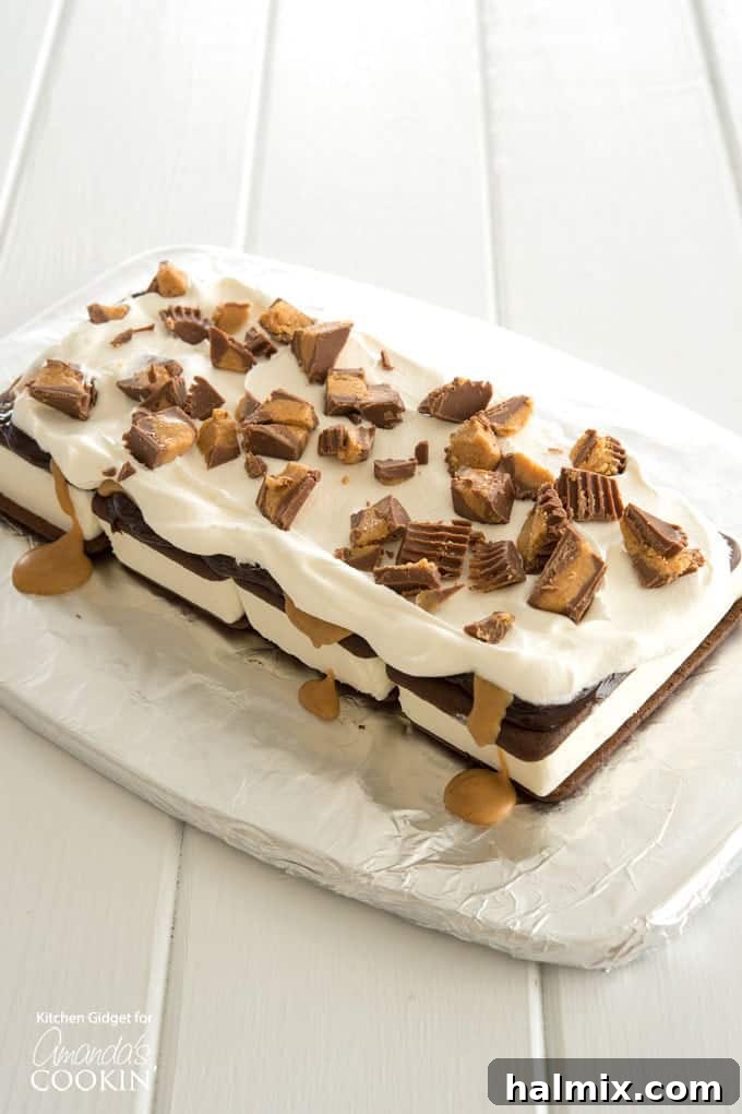 A close-up shot of chopped mini Reese's Peanut Butter Cups generously sprinkled over a layer of ice cream, fudge, and whipped topping.
