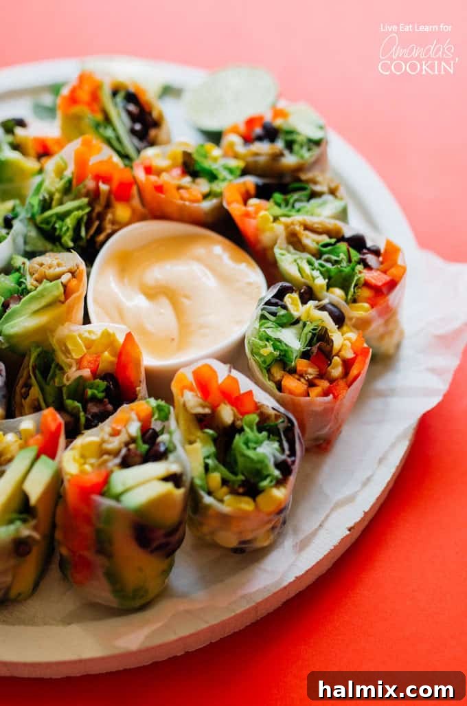 Fresh and delicious Mexican Style Summer Rolls for summer meals, snacks, or dinner. Plated Mexican Style Summer Rolls with a side of smoky chipotle dipping sauce, garnished with fresh cilantro and lime wedges.