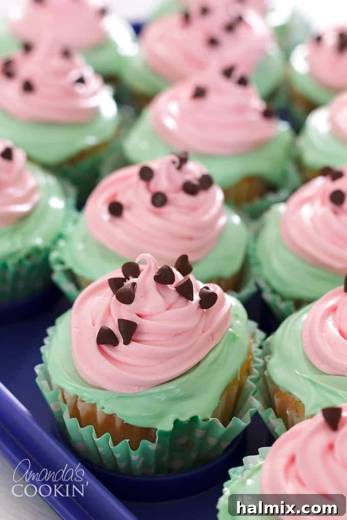 Watermelon Poke Cupcakes for Summer Celebrations Brightly colored watermelon poke cupcakes with green and pink frosting