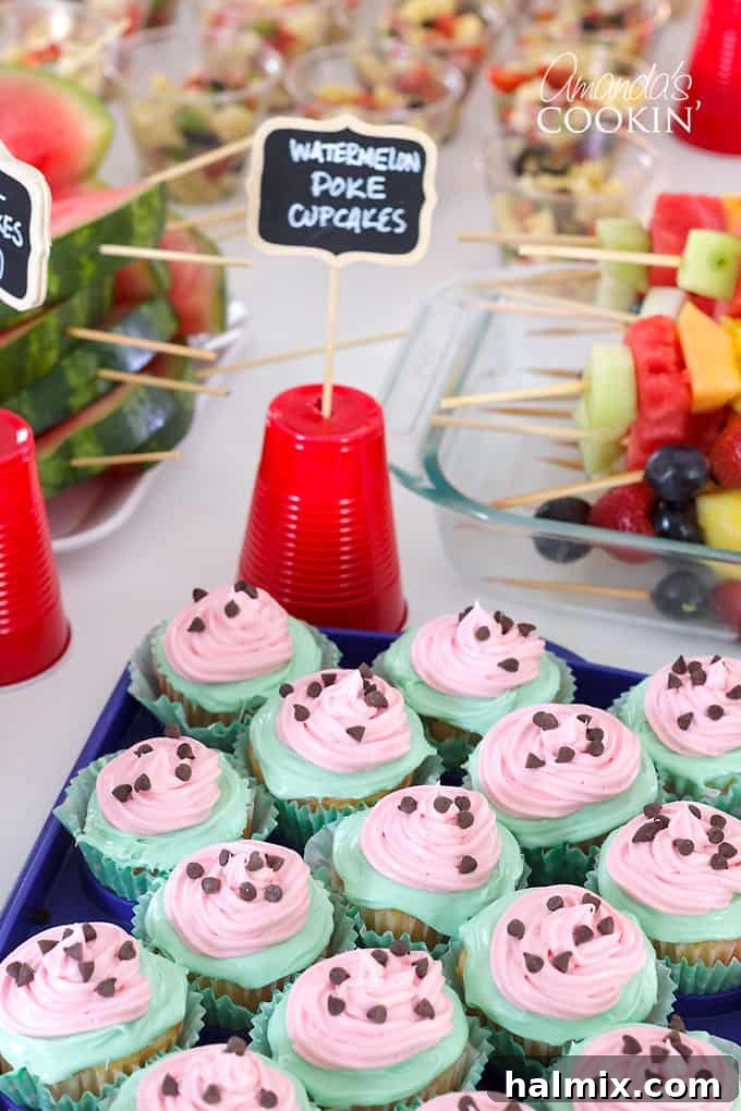 Watermelon Cupcakes at a Summer Bridal Shower Watermelon cupcakes displayed at a bridal shower