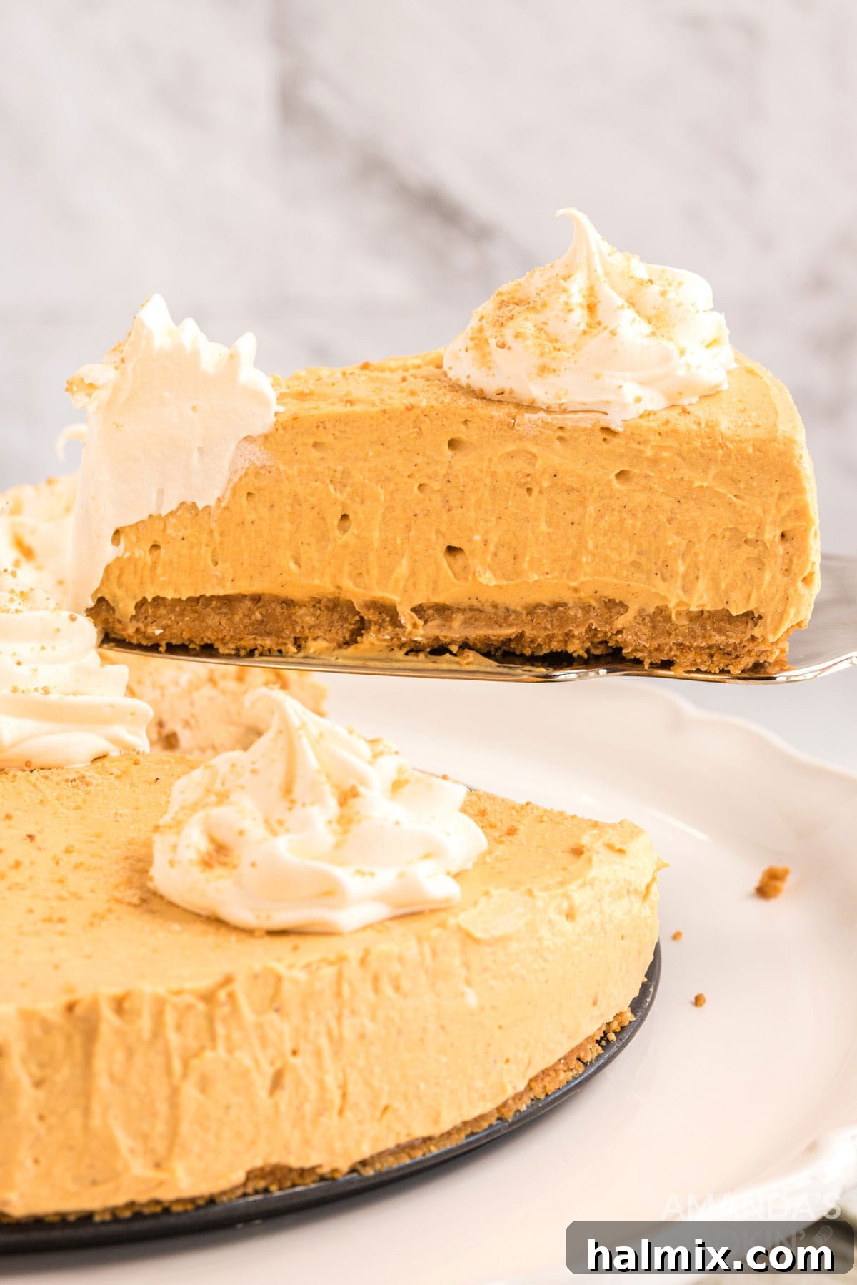 Effortless Elegance: No-Bake Pumpkin Cheesecake, a Super Easy and Impressive Dessert for Guests. A slice of creamy No-Bake Pumpkin Cheesecake being removed, garnished with whipped topping and a sprinkle of graham cracker crumbs.