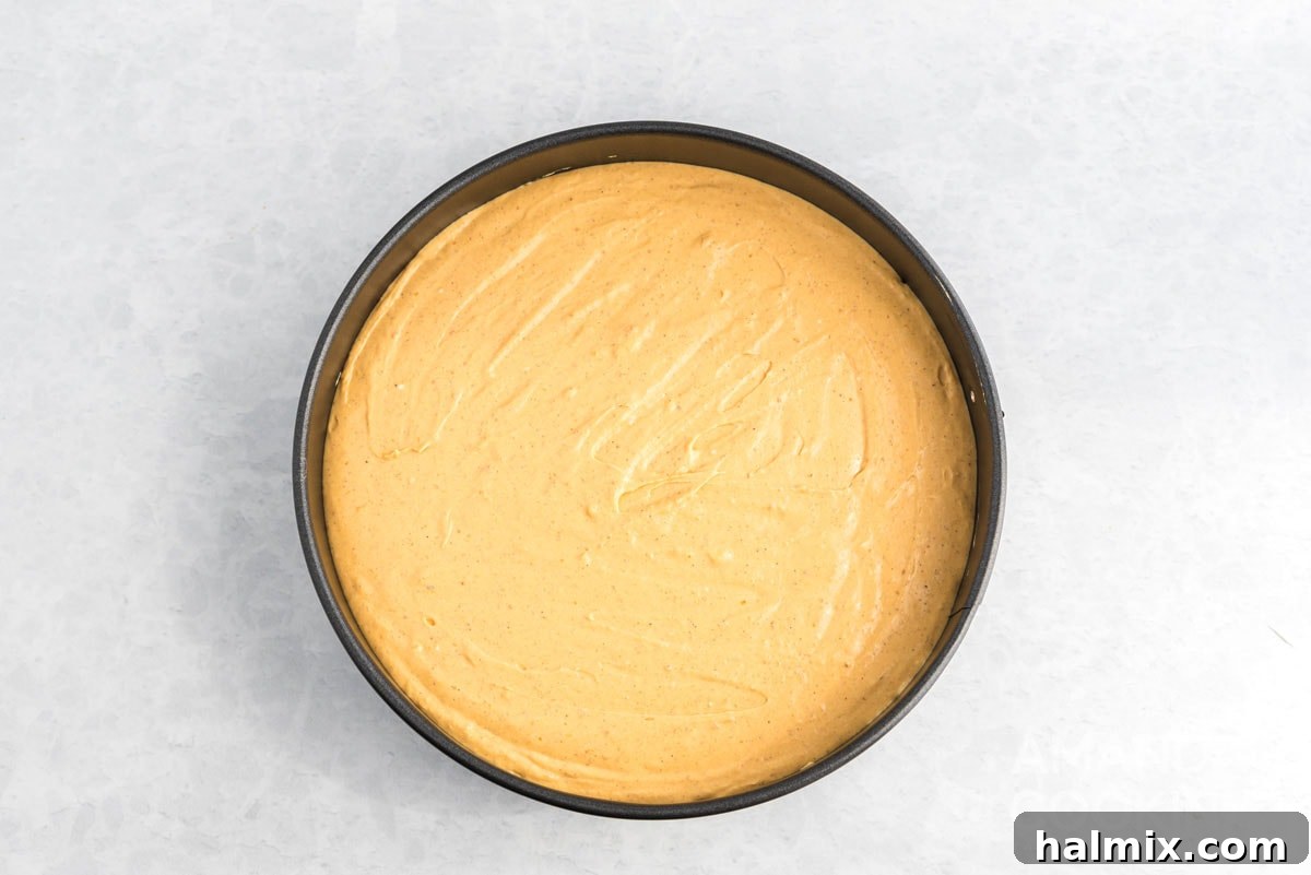 Effortless Pumpkin Cheesecake 9 The smooth pumpkin cheesecake batter has been scraped into the graham cracker crust within the springform pan, ready for chilling.