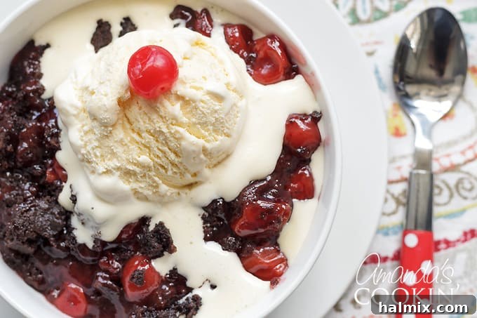 Close-up of a serving of slow cooker chocolate cherry cobbler with vanilla ice cream, showcasing the gooey texture.