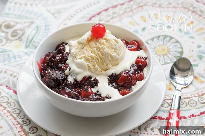 Final shot of the crockpot chocolate cherry cobbler, ready to be served and enjoyed.