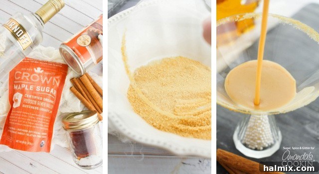 How to make a Pumpkin Pie Martini steps, showing ingredients and shaker.