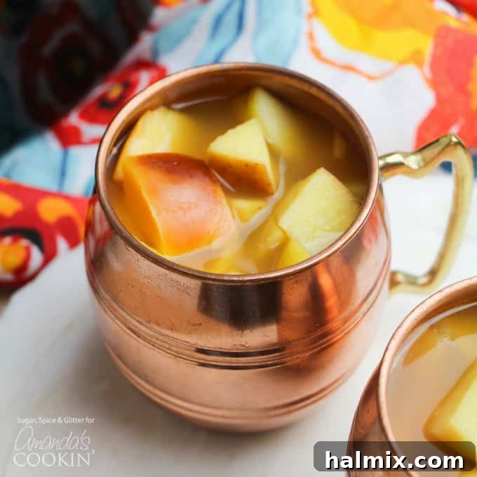 Copper mug of caramel apple cider, garnished with cinnamon and apple slices.