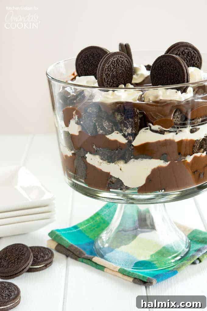 Chocolate Lasagna Trifle- chocolate pudding, oreo cookies and whipped topping in a trifle bowl.