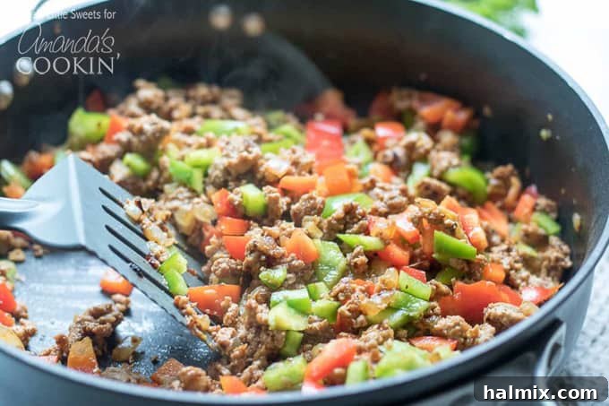 skillet of ground turkey, bell pepper, onion