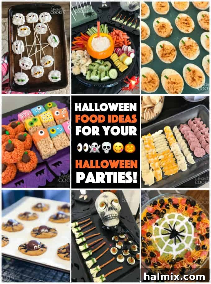 Discover an array of Halloween food ideas for your Halloween party, from sweet treats to savory snacks and festive beverages. Something for every ghoulish guest! #halloweenrecipes #halloweenfoodideas #halloweenfood #halloweentreats #halloweenpartyfood #mummycookies #mozarellaeyeballs #spidertacodip #spidercookies #ricekrispypumpkins #ricekrispymonsters #dipinapumpkin #halloweenparty Halloween food ideas spread on a table, featuring sweet, savory, and beverage options for a party