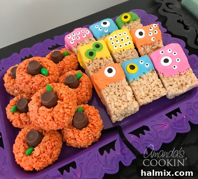 If you need Halloween food ideas for your Halloween party, be sure to check out all these sweet, savory and beverage ideas! Something for everyone. #halloweenrecipes #halloweenfoodideas #halloweenfood #halloweentreats #halloweenpartyfood #mummycookies #mozarellaeyeballs #spidertacodip #spidercookies #ricekrispypumpkins #ricekrispymonsters #dipinapumpkin #halloweenparty Rice Krispie Treat pumpkins and monsters on a platter
